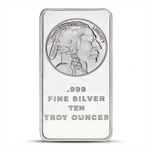 Ten troy ounce .999 fine silver bar featuring Buffalo Nickel design, ideal for bullion investors and collectors seeking high-purity silver