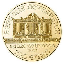1/10 oz Austrian Gold Philharmonic coin, dime-sized pure gold piece featuring the Vienna Philharmonic Orchestra design, guaranteed by the Austrian Mint.