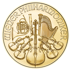 gold coin featuring orchestral instruments including harp cello violins and horn with the inscription wiener philharmoniker