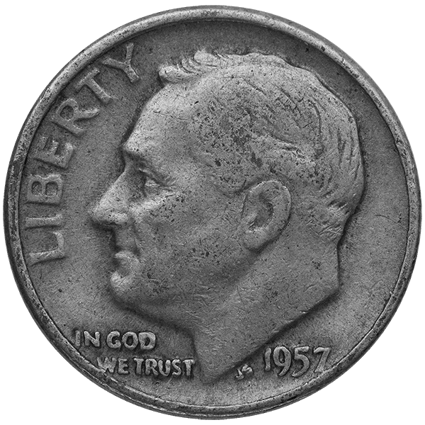 1957 Roosevelt dime obverse featuring Liberty portrait and inscriptions, 90% silver U.S. coin for collectors and precious metal investors