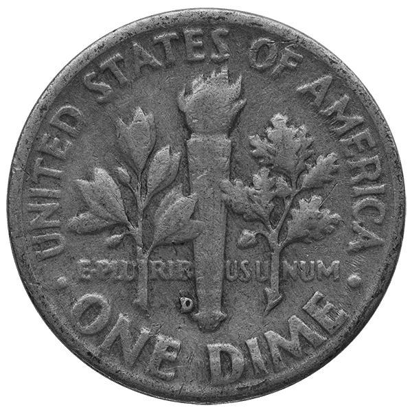 Reverse side of a worn Roosevelt silver dime showing torch, olive branch, oak branch, and inscriptions ‘United States of America,’ ‘E Pluribus Unum,’ and ‘One Dime’