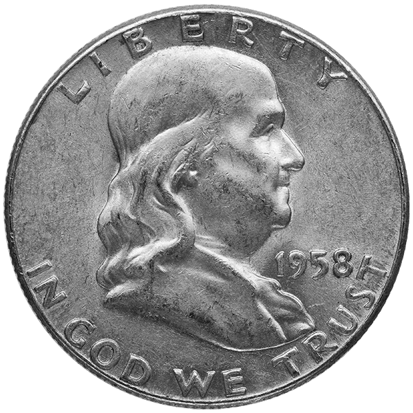 1958 Franklin half dollar front showing Benjamin Franklin profile with inscriptions ‘Liberty’ and ‘In God We Trust
