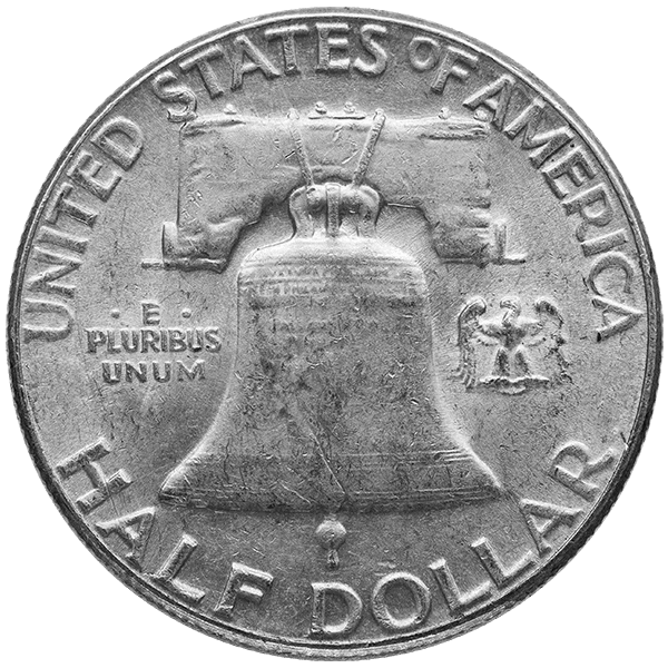 1958 Franklin half dollar back showing Liberty Bell with inscriptions ‘United States of America,’ ‘E Pluribus Unum,’ and ‘Half Dollar