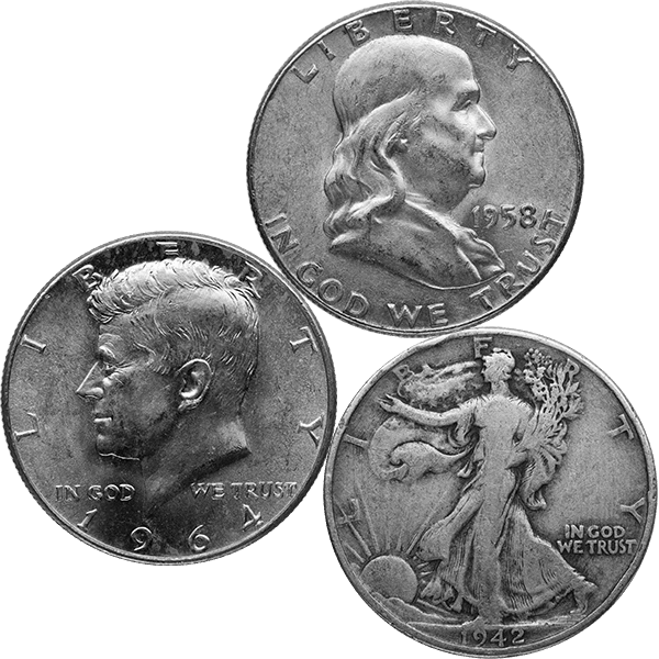 Three U.S. silver half dollars including 1958 Franklin half dollar, 1964 Kennedy half dollar, and 1942 Walking Liberty half dolla