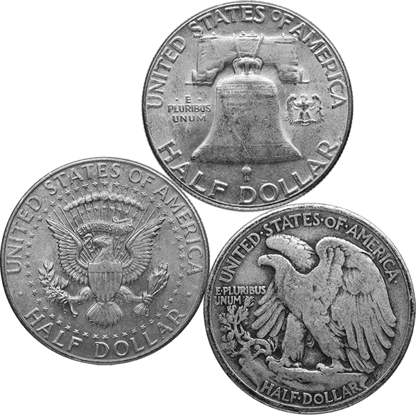 Vintage U.S. silver half dollar coins featuring Liberty Bell, heraldic eagle, and perched eagle from different historical American coin series