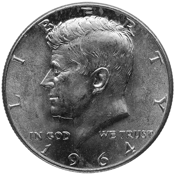 1964 Kennedy Half Dollar silver coin featuring profile of John F. Kennedy with 'In God We Trust' inscription and classic Liberty design