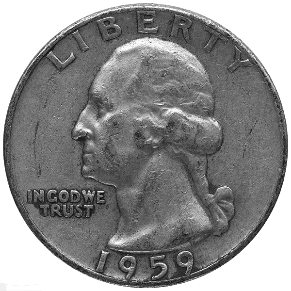 1959 Washington Quarter 90% silver coin showing George Washington’s profile with LIBERTY and IN GOD WE TRUST inscriptions