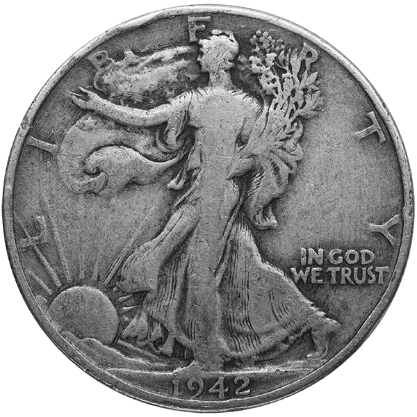 1942 Walking Liberty half dollar silver coin featuring Lady Liberty walking toward sunrise holding branches, with IN GOD WE TRUST inscription