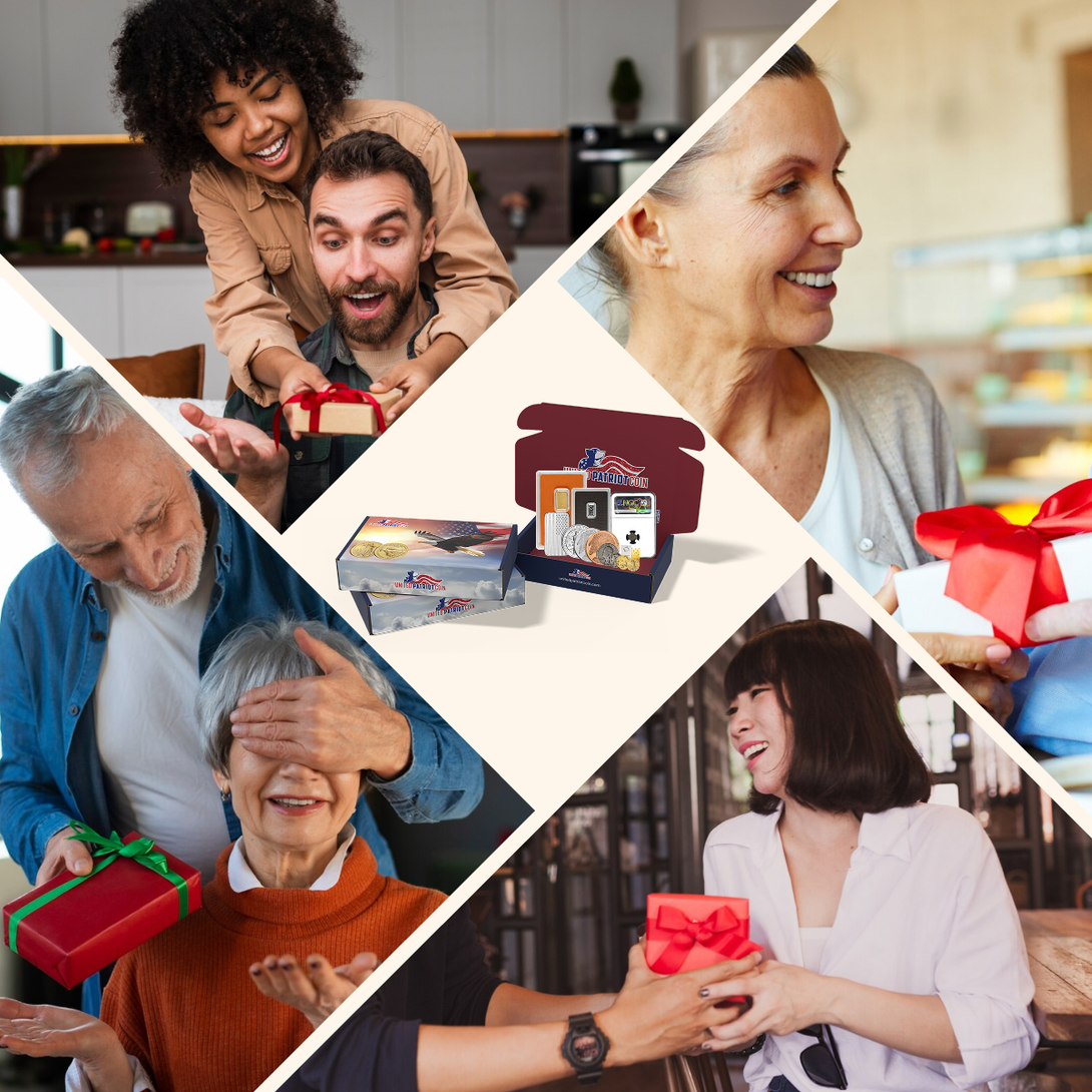 People exchanging gifts featuring United Patriot Coin collectible bullion gift boxes, perfect for special occasions and precious metal enthusiasts