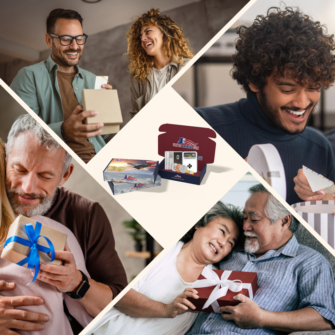 Joyful people exchanging gifts featuring United Patriot Coin collectible bullion gift boxes, perfect for gold and silver enthusiasts on special occasions