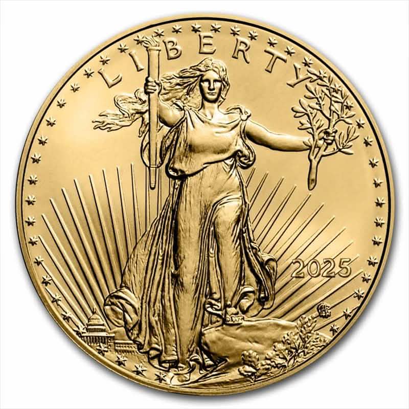 2025 American Gold Eagle coin obverse showing Lady Liberty with torch and olive branch, rays in background, and U.S. Capitol building detail.