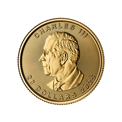 2025 Canadian gold coin featuring the profile of King Charles III with inscriptions 'CHARLES III' and face value of 20 dollars