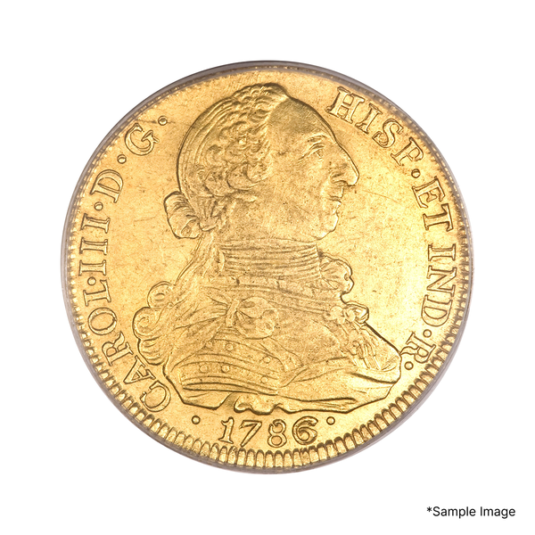 8 Escudos Gold Coin – Colombia 1785/4 – NGC AU58 Condition
