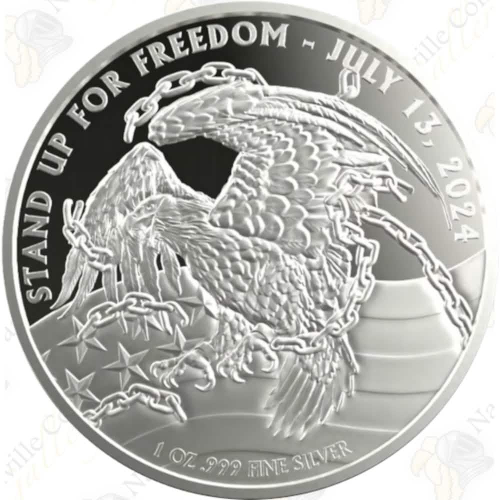 1 oz .999 fine silver round with chained eagle over flag, inscribed “Stand Up for Freedom - July 13, 2024”.