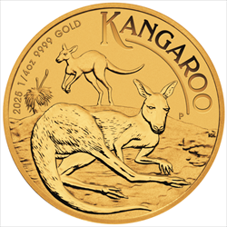 2025 Australian 1/4 oz gold coin featuring two kangaroos with “KANGAROO” and “9999 GOLD” inscriptions.