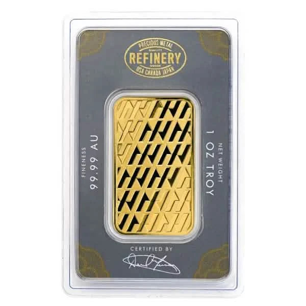 1 oz gold bar from Precious Metal Refinery with 99.99% purity, featuring an engraved diagonal pattern, sealed in a certified assay card with signature.