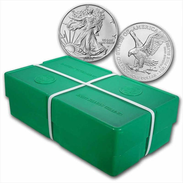2025 American Silver Eagle coins with Walking Liberty and eagle designs, displayed above a sealed green U.S. Mint monster box.
