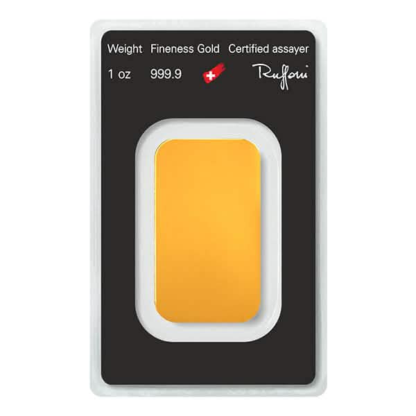 1 oz gold bar with 999.9 purity from Swiss refiner Argor-Heraeus, sealed in a black assay card with certification by assayer Raffaeli.