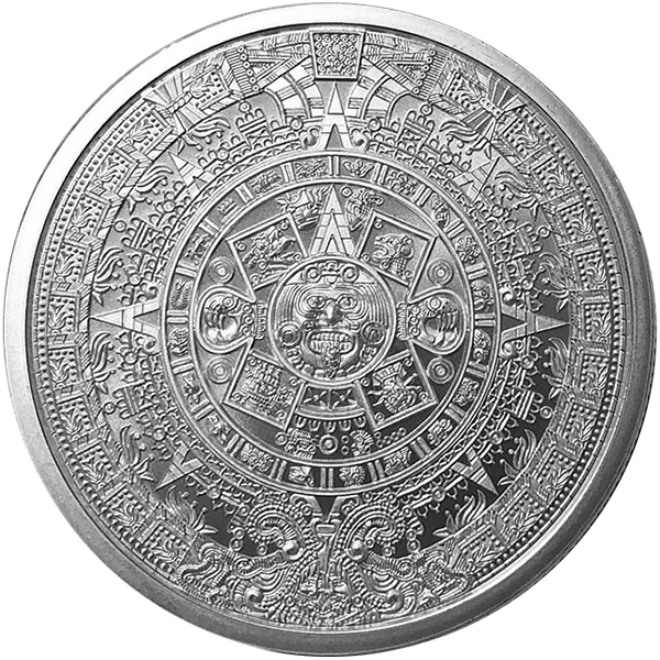 1 oz Silver Round featuring the intricate Aztec Sun Stone Calendar design, symbolizing ancient Mesoamerican heritage and detailed craftsmanship.