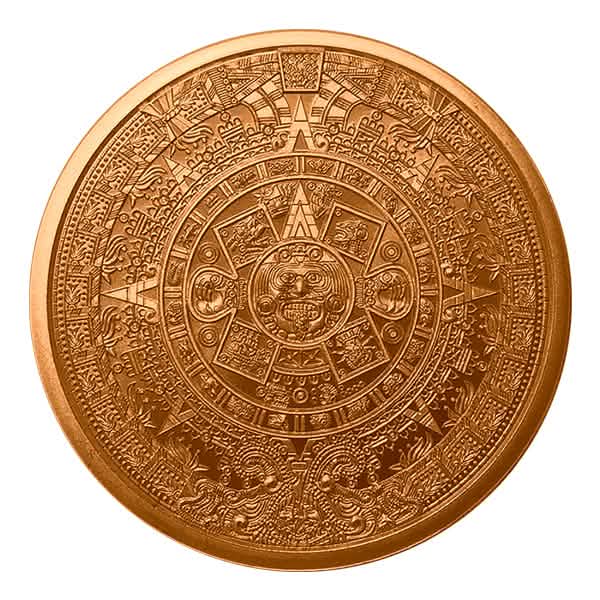 1 oz Copper Round featuring detailed Aztec Sun Stone Calendar design, showcasing ancient Mesoamerican artwork and rich historical symbolism