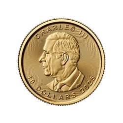 2025 Canadian $10 gold coin featuring King Charles III, finely detailed profile design, legal tender minted in .9999 pure gold by the Royal Canadian Mint.