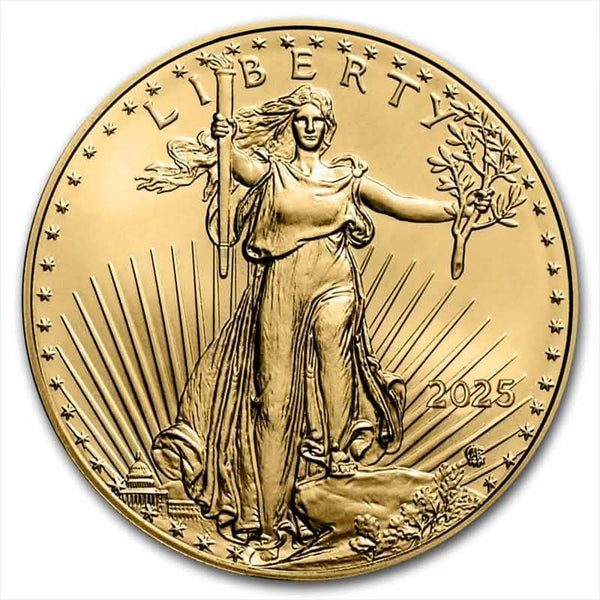2025 gold coin featuring lady liberty holding torch and olive branch with sun rays and capitol building in background surrounded by stars