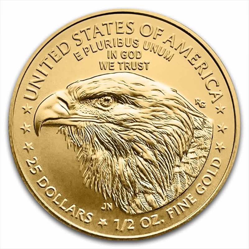 united states gold coin featuring detailed bald eagle head with inscriptions e pluribus unum in god we trust 25 dollars and 1 2 oz fine gold
