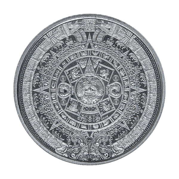1/10 oz .999 fine silver Aztec calendar round featuring intricate Sun Stone design with detailed ancient symbols and radiant circular patterns.