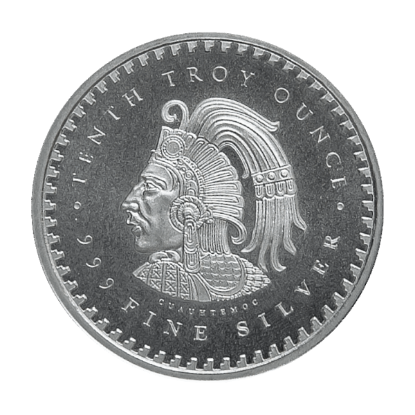 1/10 oz .999 fine silver Aztec round featuring detailed profile of Emperor Cuauhtémoc with traditional headdress and bold engraved inscriptions