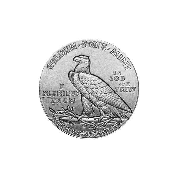 Golden State Mint 1 oz .999 fine silver round featuring perched eagle design with inscriptions 'E Pluribus Unum' and 'In God We Trust' on reverse side.