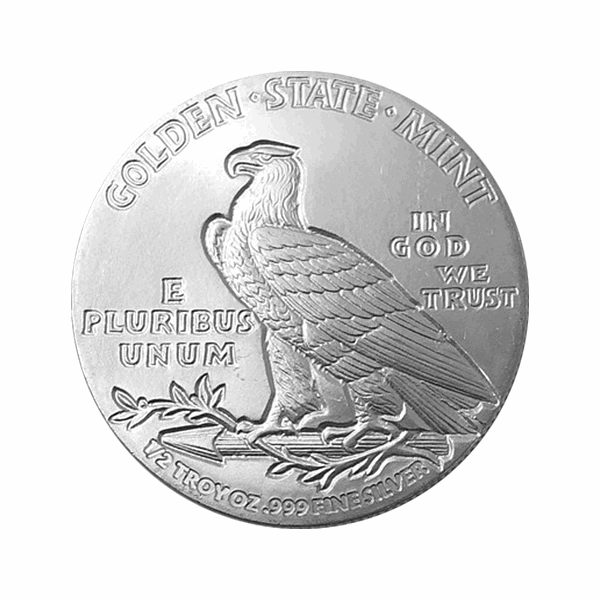 Golden State Mint 1/2 oz .999 fine silver round featuring a perched eagle with 'E Pluribus Unum' and 'In God We Trust' inscriptions on the reverse side.