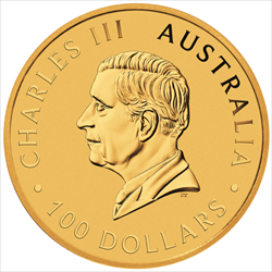Gold Australian coin featuring King Charles III’s profile, inscribed with “CHARLES III,” “AUSTRALIA,” and “100 DOLLARS