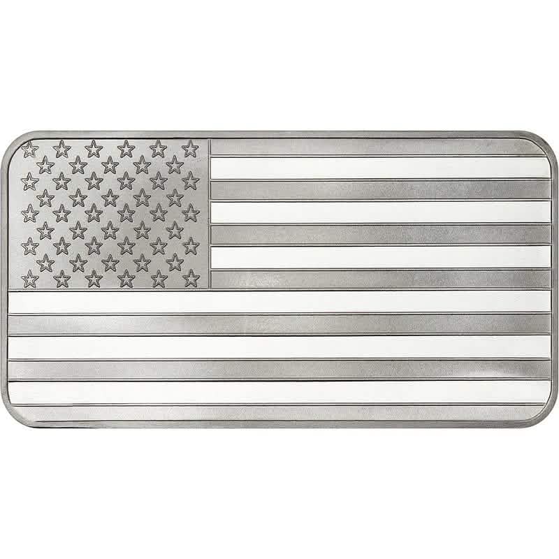 1 oz American flag silver bar, .999 fine silver bullion rectangular design.
