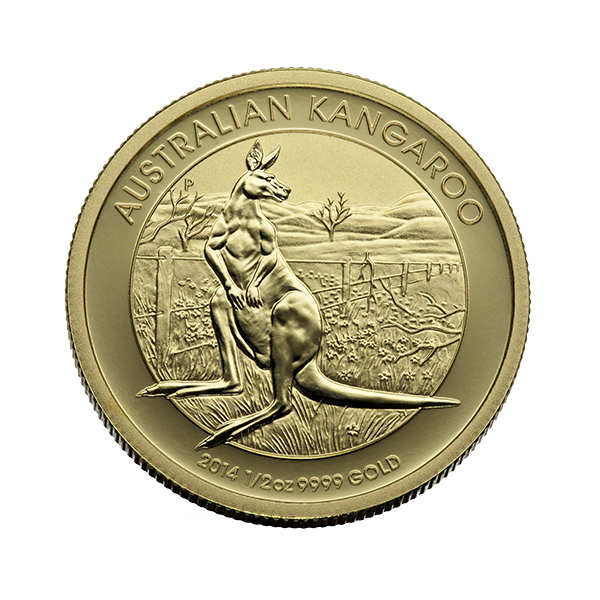 Close-up of ½ oz Australian Kangaroo bullion gold coin—Perth Mint uncirculated design featuring a kangaroo and “½oz 9999 GOLD".