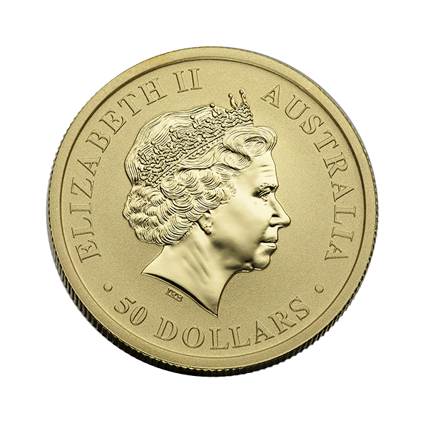 Gold Kangaroo coin minted by Perth Mint, featuring jumping kangaroo design (reverse) and king's portrait (obverse).