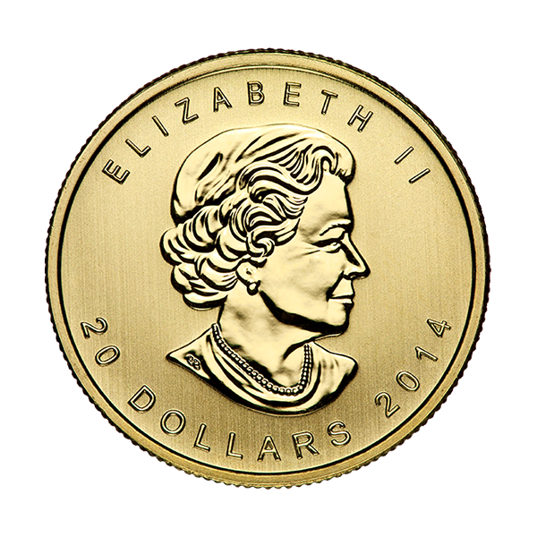 Royal Canadian Mint $20 gold coin (2014) featuring Queen Elizabeth II’s portrait and denomination on obverse.
