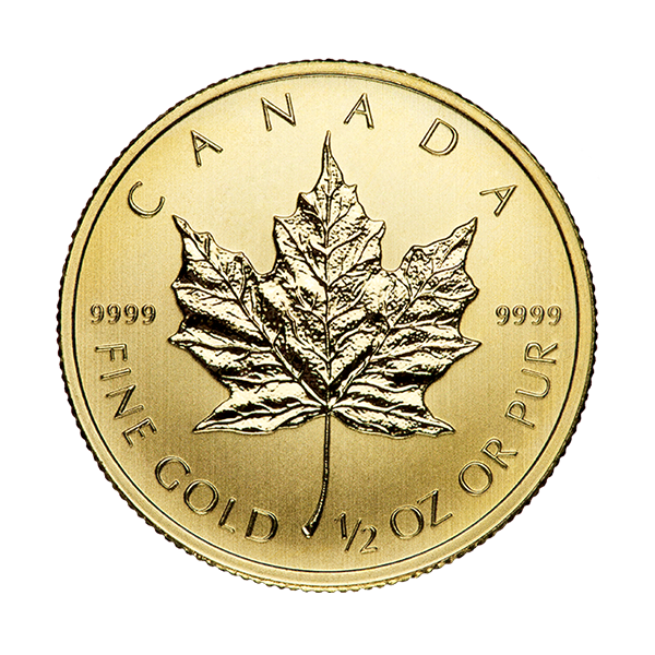 ½ oz Canadian Gold Maple Leaf bullion coin showing maple leaf reverse and monarch’s effigy on obverse.
