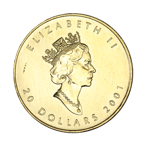 ½ oz Canadian Gold Maple Leaf coin showing detailed maple leaf on reverse and monarch’s portrait on obverse.