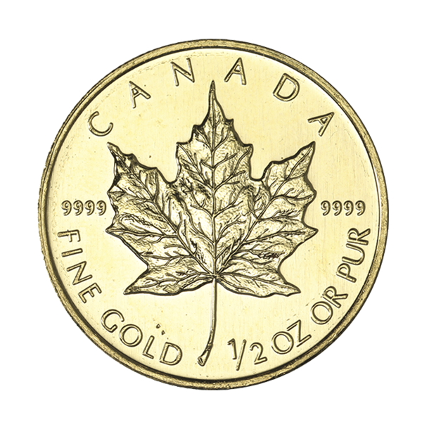 ½ oz Canadian Gold Maple Leaf bullion coin: detailed maple leaf reverse, monarch’s effigy with purity and denomination.