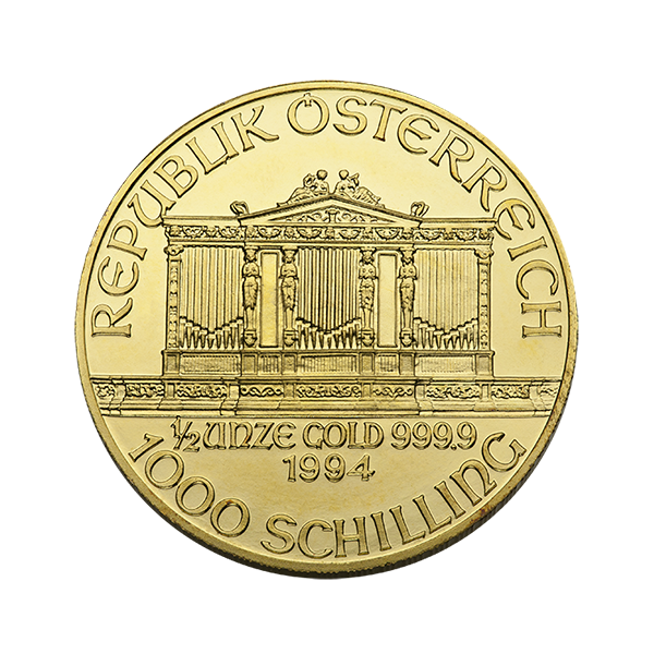 1994 Austrian 1000 Schilling gold coin, 1/2 ounce .9999 fine gold, featuring the Great Organ of the Golden Hall in Vienna's Musikverein.