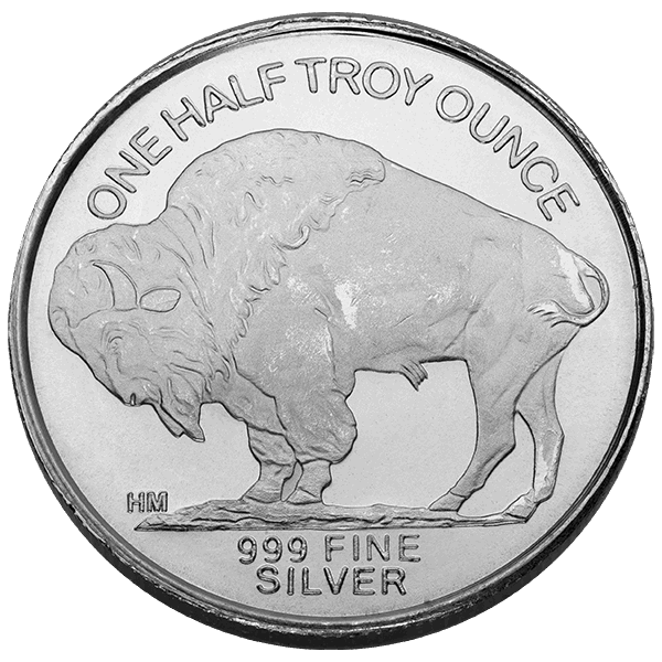 Half troy ounce .999 fine silver round featuring an engraved American buffalo design with inscriptions indicating weight and purity.