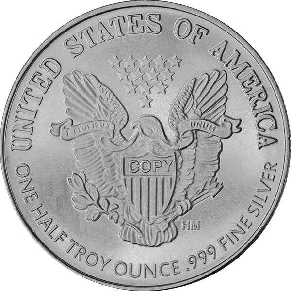 1/2 oz .999 silver round with heraldic eagle, shield, olive branch, arrows, stars, and patriotic inscriptions.