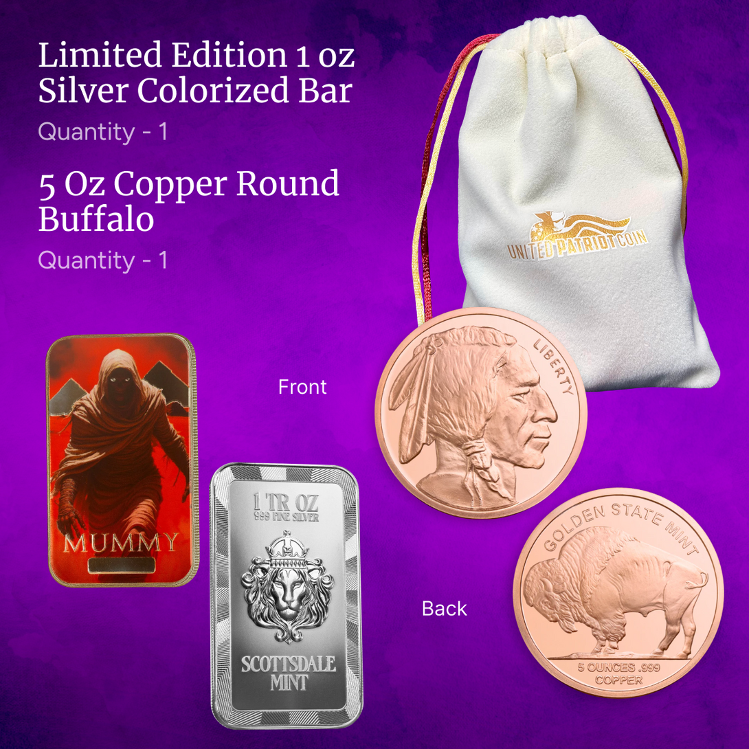 Collection of limited edition silver and copper items including a colorized bar, round buffalo, and a mummy-themed item on a purple background.