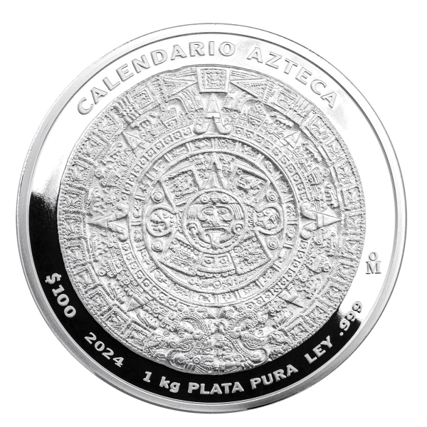 2024 1 kg Mexican Aztec Calendar silver coin with intricate Sun Stone design, $100 denomination, and purity marks.