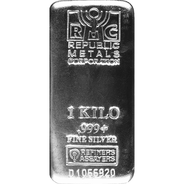 1 kg RMC silver bar with logo, “1 KILO,” “.999+ FINE SILVER,” serial number, and “REFINERS ASSAYERS” stamp.