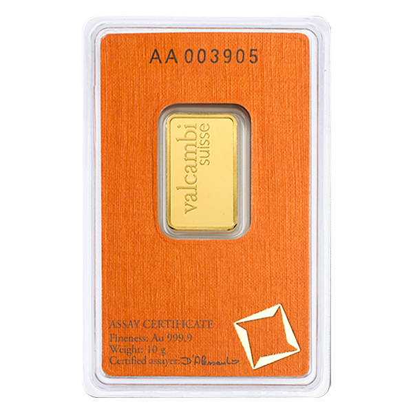 1 gram Valcambi Suisse gold bar in orange assay card, .9999 fine gold with secure packaging and unique serial number, ideal for gifting or investment.