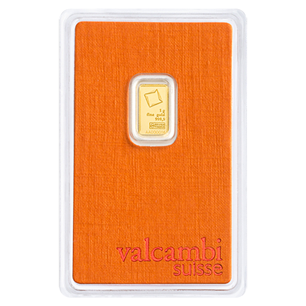 1 gram Valcambi Suisse gold bar in orange assay card, .9999 fine gold with stamped logo and serial number, sealed for authenticity and investment.