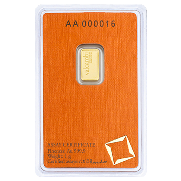 1 gram Valcambi Suisse gold bar in orange assay card, .9999 fine gold with serial number and certified assayer, ideal for secure bullion investment