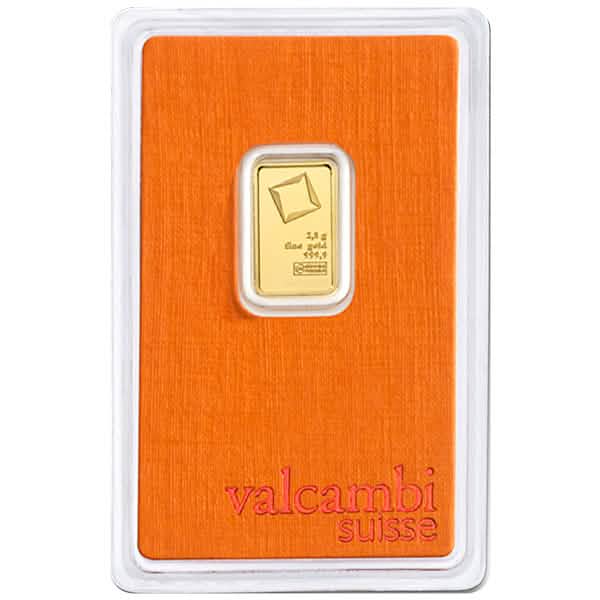 2.5 gram Valcambi Suisse gold bar in orange assay card, .9999 fine gold, securely packaged with mint mark and serial number for trusted investment