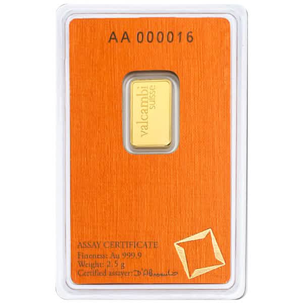2.5 gram Valcambi Suisse gold bar in sealed orange assay card, .9999 fine gold with serial number and certified assayer for secure gold investment